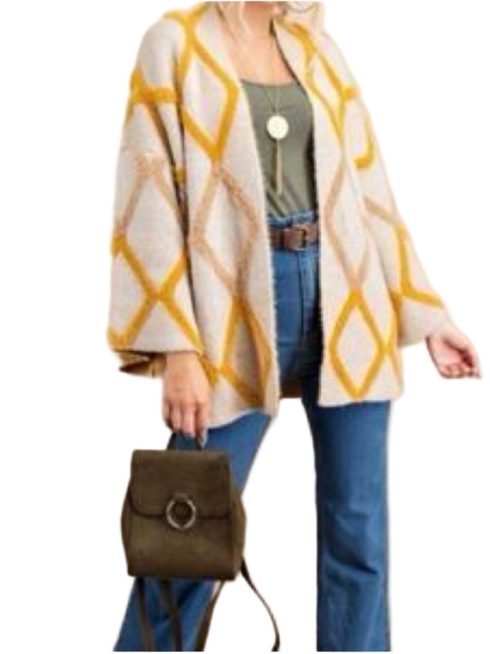 Kori Cream Cardigan Sweater with Mustard Diamond Trim medium large
